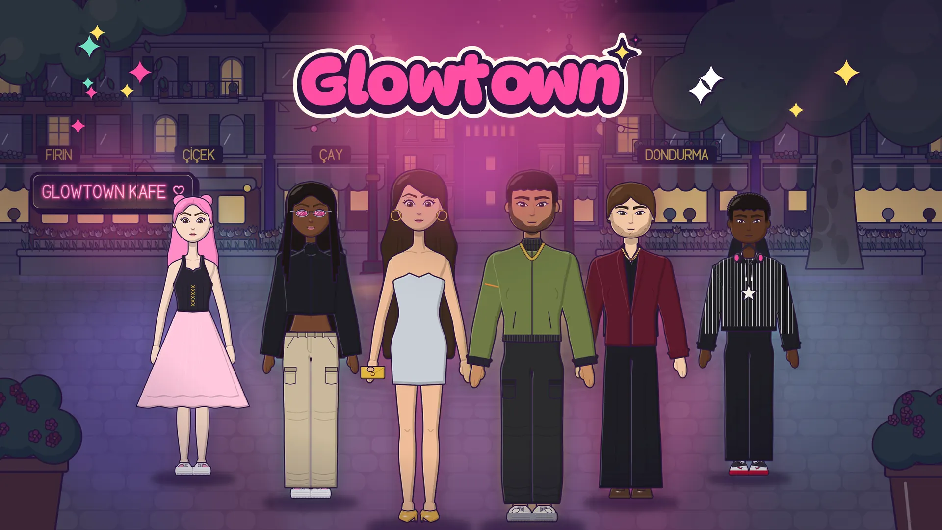 Glowtown logosu ve gece bir şehir meydanında yan yana duran, her biri farklı tarzda giyinmiş altı karakter