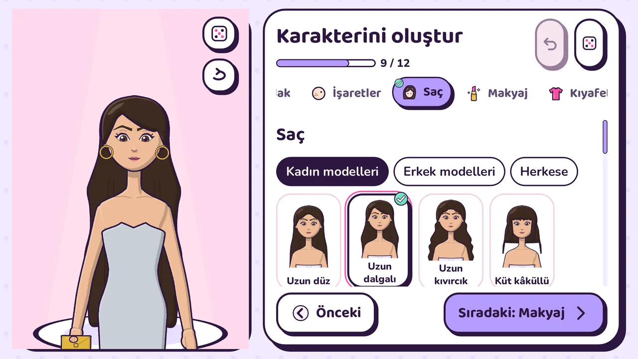 Karakter oluşturucu: uzun saçlı bir karakter ve kadın, erkek ve herkese uygun saç modelleri