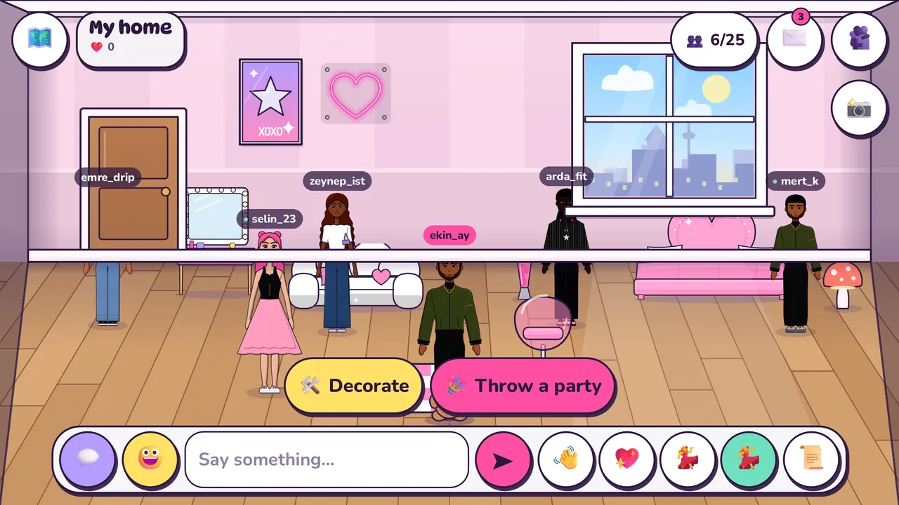 A player's pink home with guests and Decorate and Host a party buttons