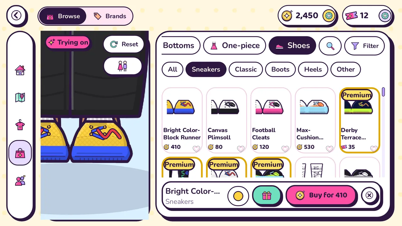 Trying on sneakers in the shop: colourful shoes and their prices