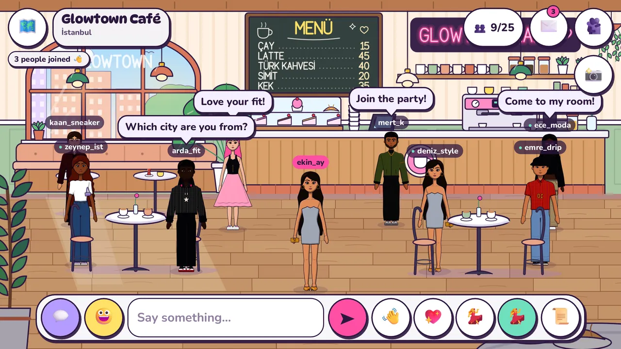 Players meeting at the Glowtown Cafe with speech bubbles above their heads