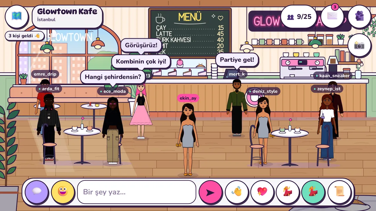 Glowtown Kafe'de buluşan oyuncular ve başlarının üstünde konuşma balonları